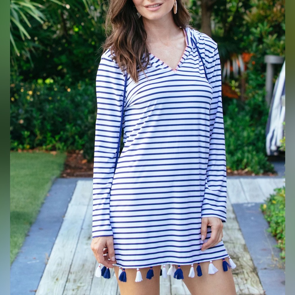 NWT. Cabana Life. Beach cover-up hoodie, navy and white stripe. Tassels. UPF50+